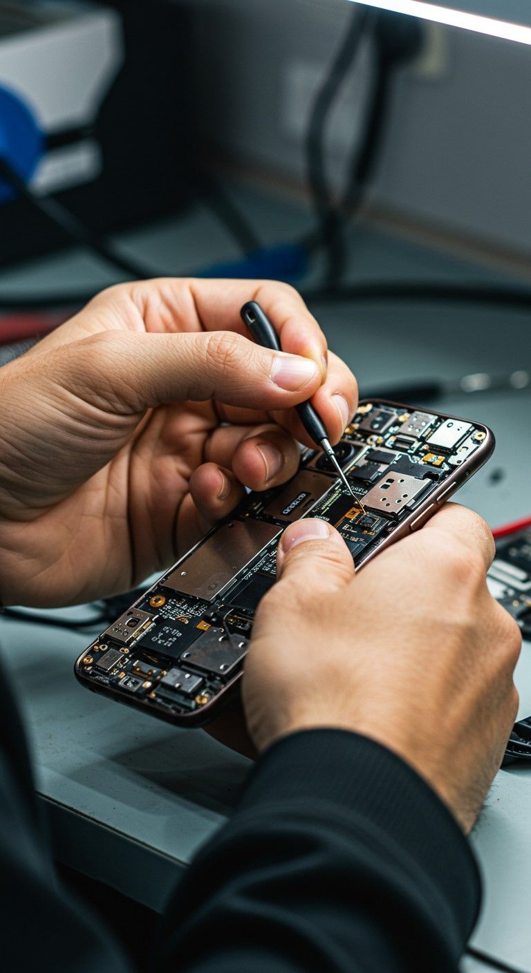 Técnico realizando reparo na placa de um celular